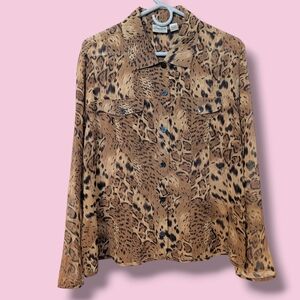 Chico's Brown Leopard 100% Silk Sheer Long Sleeve Button-Up Top LG